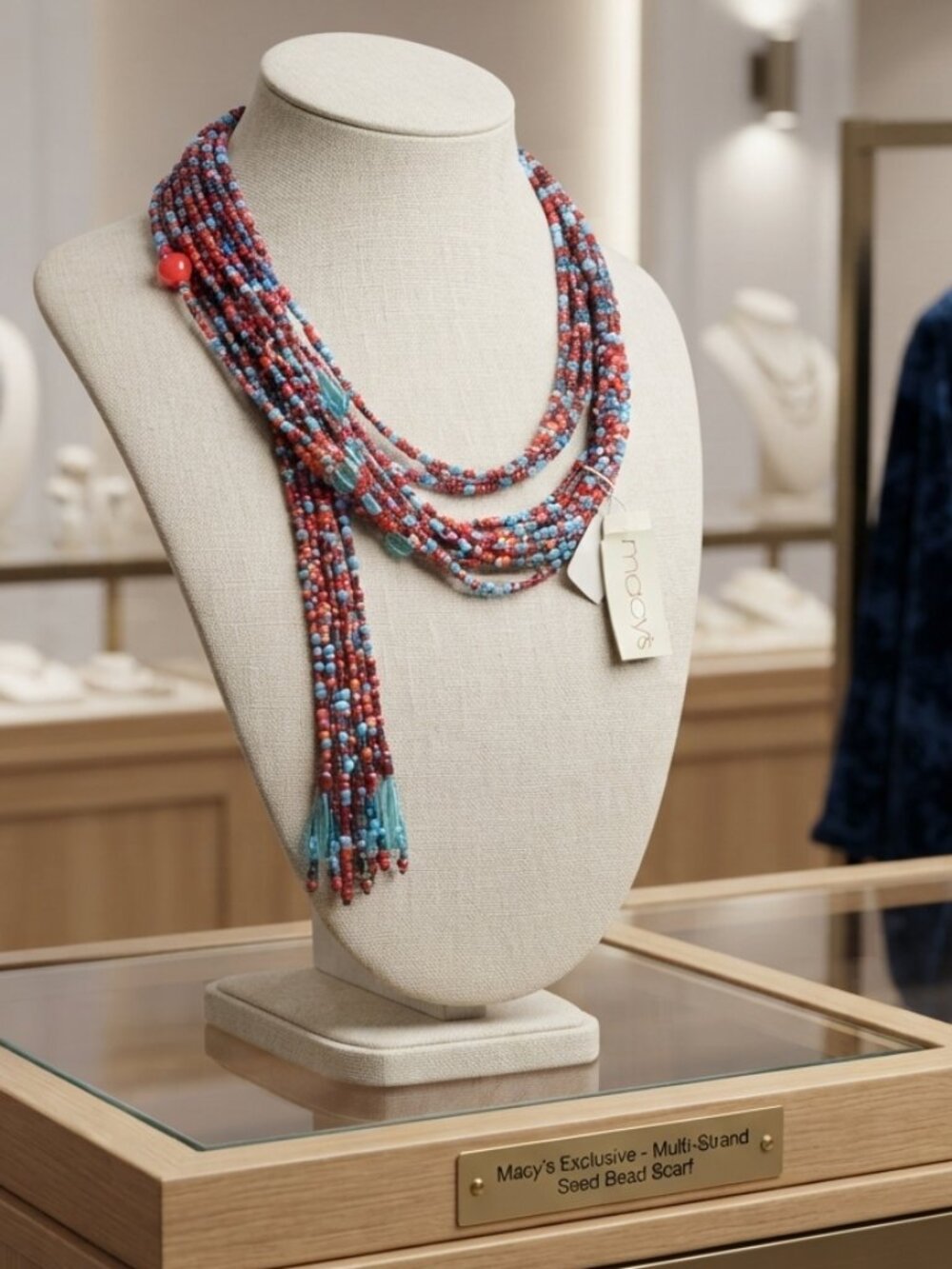 Macy's Multi-Strand Red & Blue Seed Beaded Scarf Necklace (51" Long, Versatile)